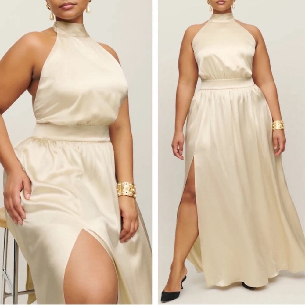 REFORMATION Alani Silk Halterneck Open Back Ivory White Maxi Dress Size 14